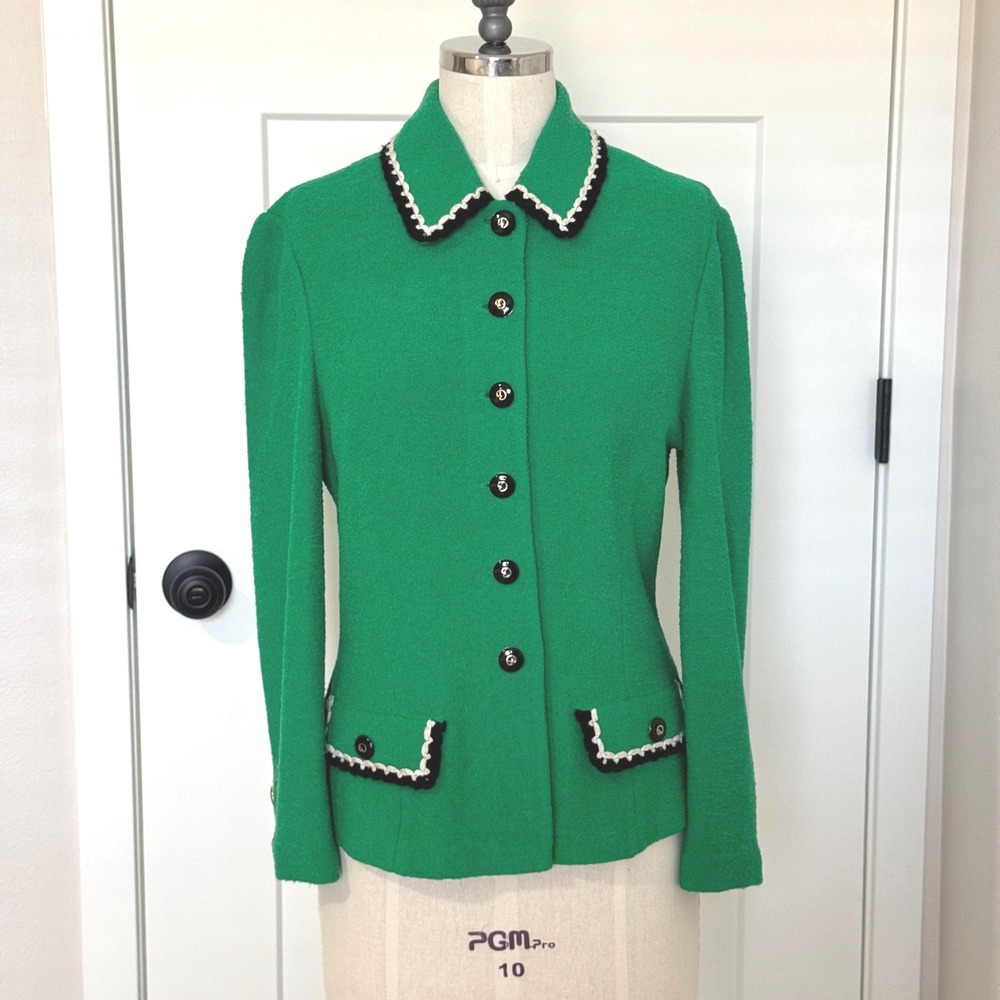 Vintage St John green Santana knit blazer with black and white knit trim